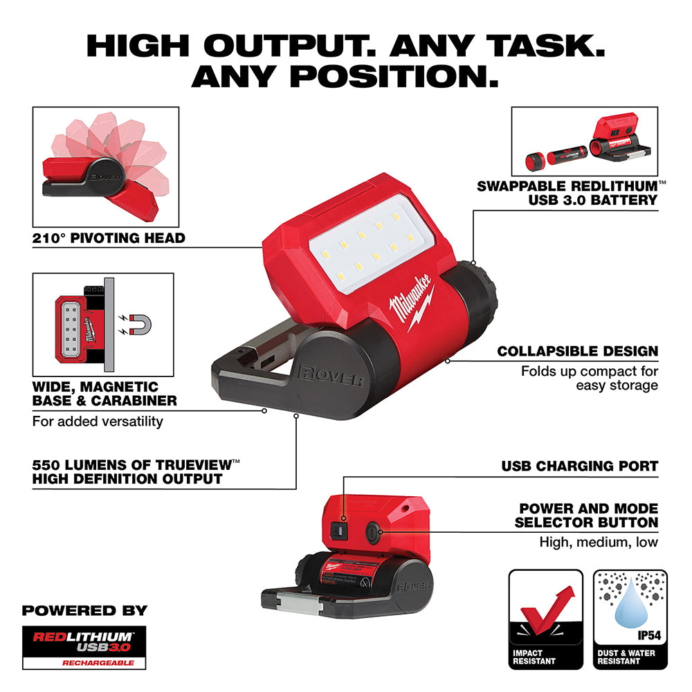 milwaukee flashlight 2112-21 Milwaukee 2114-21 550-Lumen USB Rechargeable Rover Pivoting Flood Light