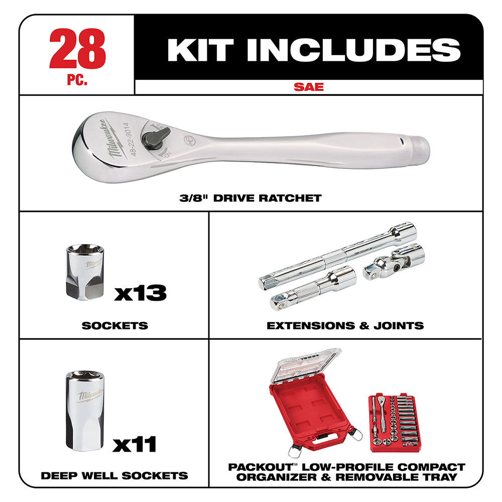 Milwaukee 48-22-9481 3/8” Ratchet SAE Mechanics Tool Set w/ Packout Case  28pc