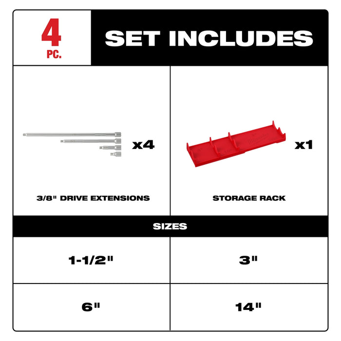 Milwaukee 48-22-9341 4pc 3/8 Inch Drive Extension Set