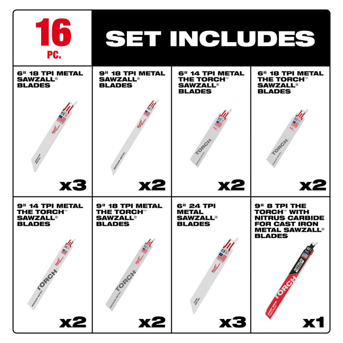 Milwaukee 49-22-1216D SAWZALL Blade Set - 16PC w/9" TORC NITRU SAWZALL Blade