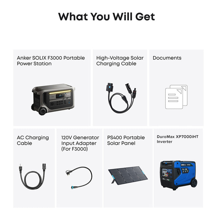DuroMax XP7000iHT and Anker SOLIX F3000 + PS400+120V Adapter Bundle