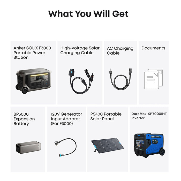 DuroMax XP7000iHT and Anker SOLIX F3000 + PS400+EB3000+120V Adapter Bundle