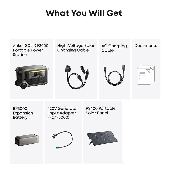 Anker SOLIX F3000 (6144Wh/3600W) 120V Extended Backup Power Kit w/ 400W Solar Panel