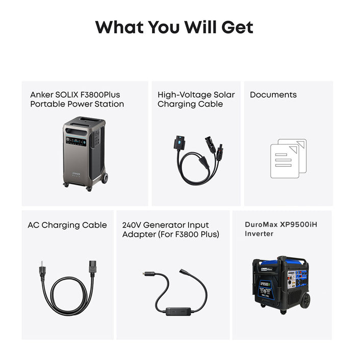 Duromax XP9500iH and Anker SOLIX F3800Plus+240V Generator Adapter with Transfer Switch Bundle
