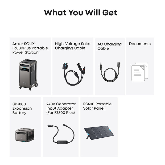 Anker SOLIX F3800 Plus (7,680Wh/6,000W) 240V Extended Backup Power Kit w/ 400W Solar Panel