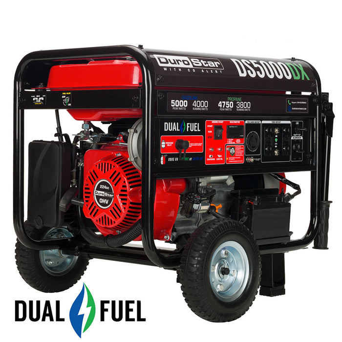 DuroStar DS5000DX 5,000W/4,000W 224cc Electric Start Dual Fuel Portable Generator w/ CO Alert