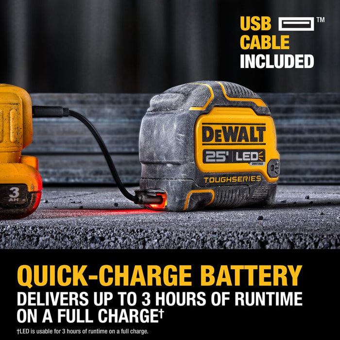 DeWALT DWHT35625S TOUGHSERIES 25' Lighted Tape Measure w/ USB Charging Cable