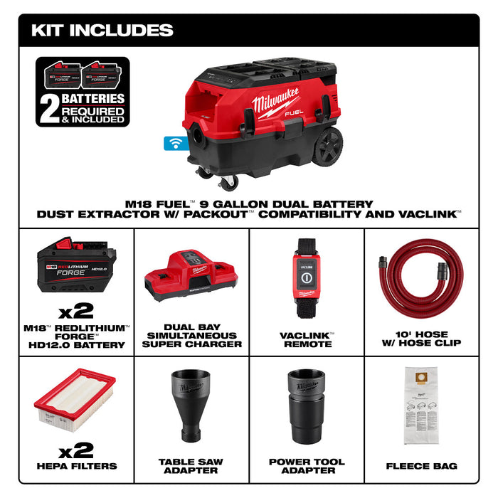 Milwaukee 0888-22HD M18 FUEL 18V 9 Gallon Dual Battery Dust Extractor Kit