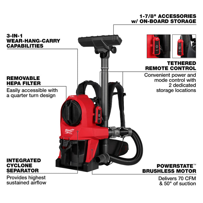 Milwaukee 0895-20x5 M18 FUEL 3-In-1 Backpack Vac G2 w/ Extra 5Ah Battery