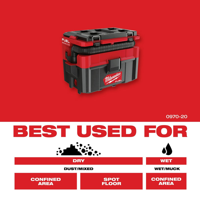 Milwaukee 0970-20LR M18 FUEL PACKOUT 2.5 Gal Wet/Dry Vac w/ Long Reach Hoses