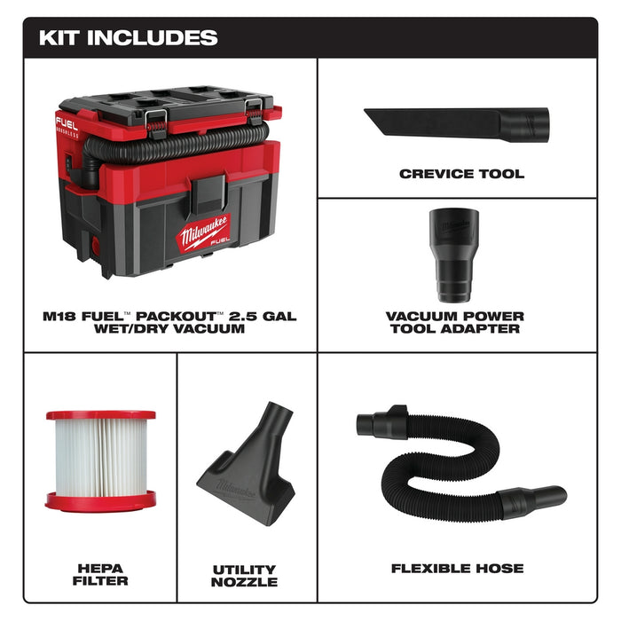 Milwaukee 0970-20LR M18 FUEL PACKOUT 2.5 Gal Wet/Dry Vac w/ Long Reach Hoses