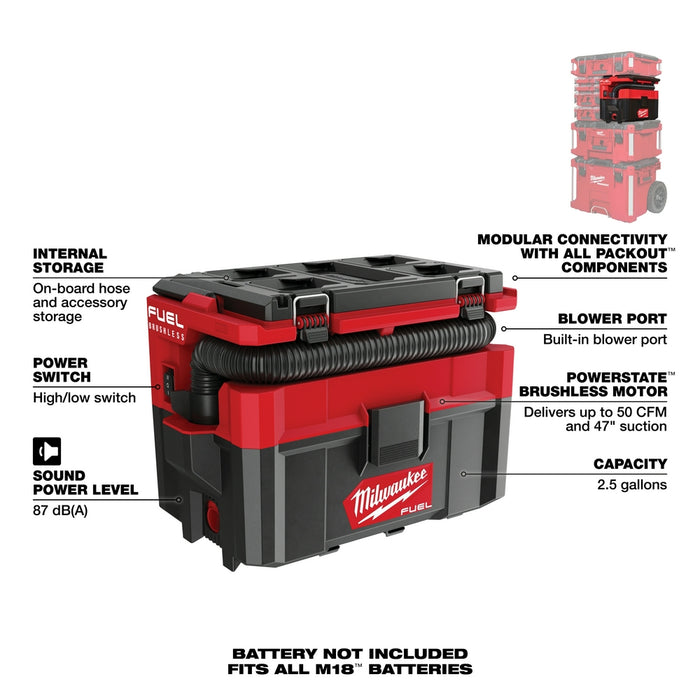 Milwaukee 0970-20LR M18 FUEL PACKOUT 2.5 Gal Wet/Dry Vac w/ Long Reach Hoses