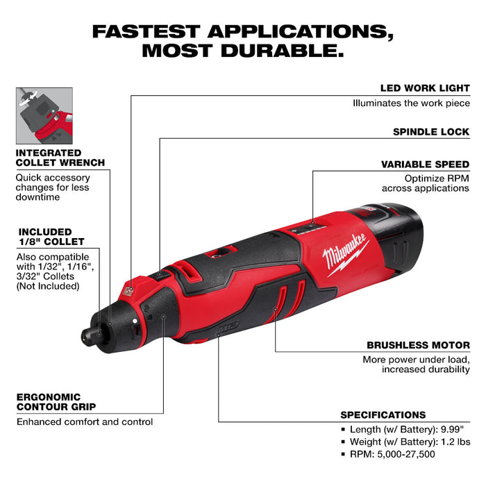 milwaukee 18v vs 12v flashlight Milwaukee 2525-21 M12 12V Li-Ion Cordless Brushless Rotary Tool Kit