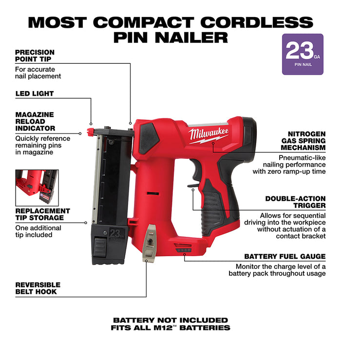Milwaukee 2540-80 M12 12V 23 Gauge Pin Nailer - Reconditioned