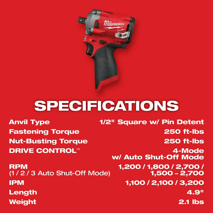 Milwaukee 2555-P80 M12 FUEL 12V 1/2" Cordless Stubby Impact - Reconditioned