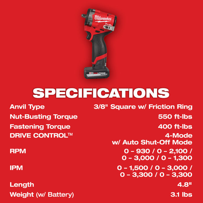 Milwaukee 2562-21RT M12 FUEL Stubby 3/8" Impact Wrench Kit and Ratchet