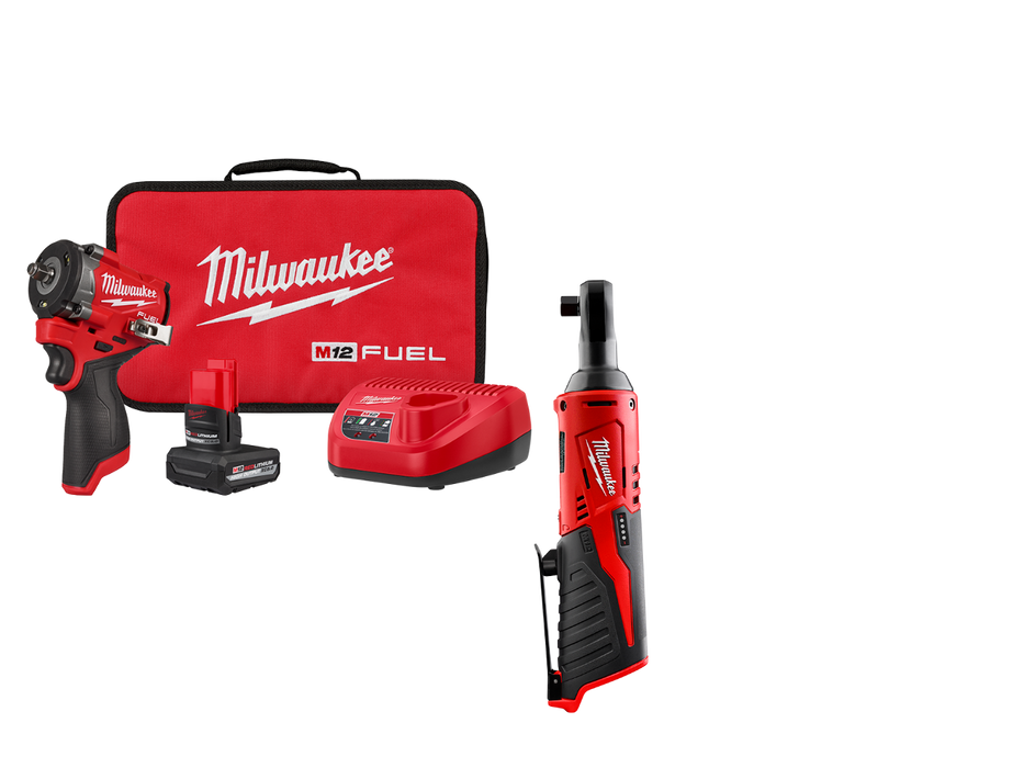 Milwaukee 2562-21RT M12 FUEL Stubby 3/8" Impact Wrench Kit and Ratchet