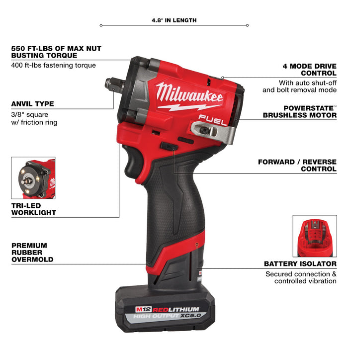 Milwaukee 2562-21RT M12 FUEL Stubby 3/8" Impact Wrench Kit and Ratchet
