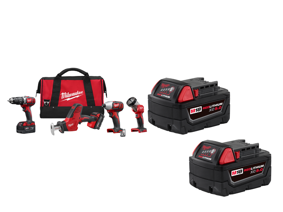 Milwaukee 2695-24x5 M18 4-PC Combo Kit w/ Extra 2 Pack 5Ah Batteries