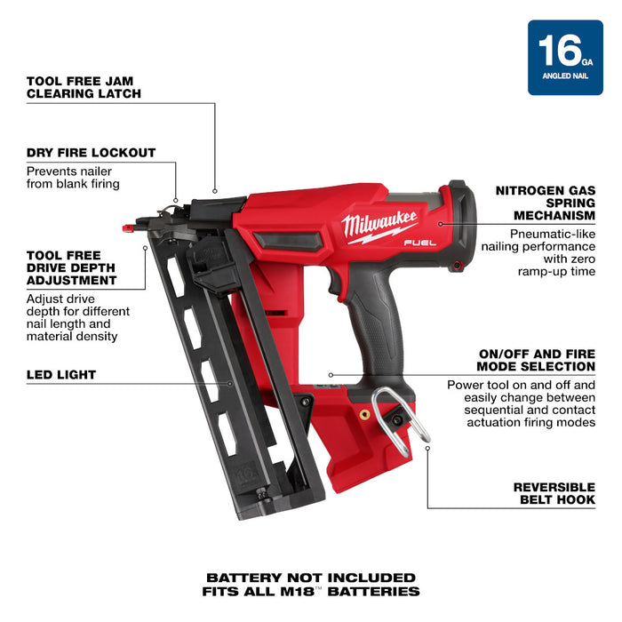 Milwaukee 2841-80 M18 18V 16 Gauge Cordless Angled Nailer - Reconditioned