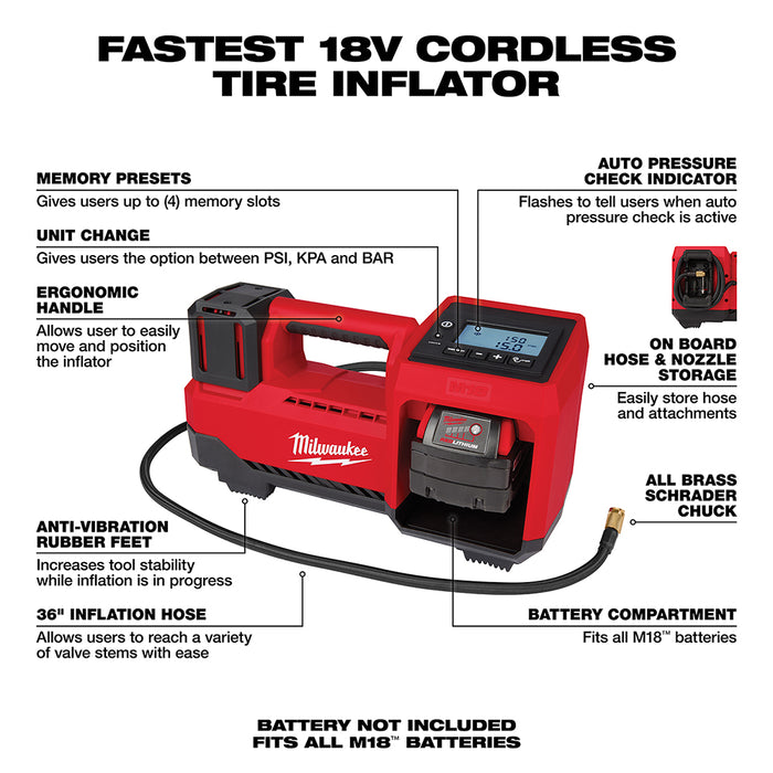 Milwaukee 2848-80 M18 18V Cordless Tire Inflator - Bare Tool - Recon