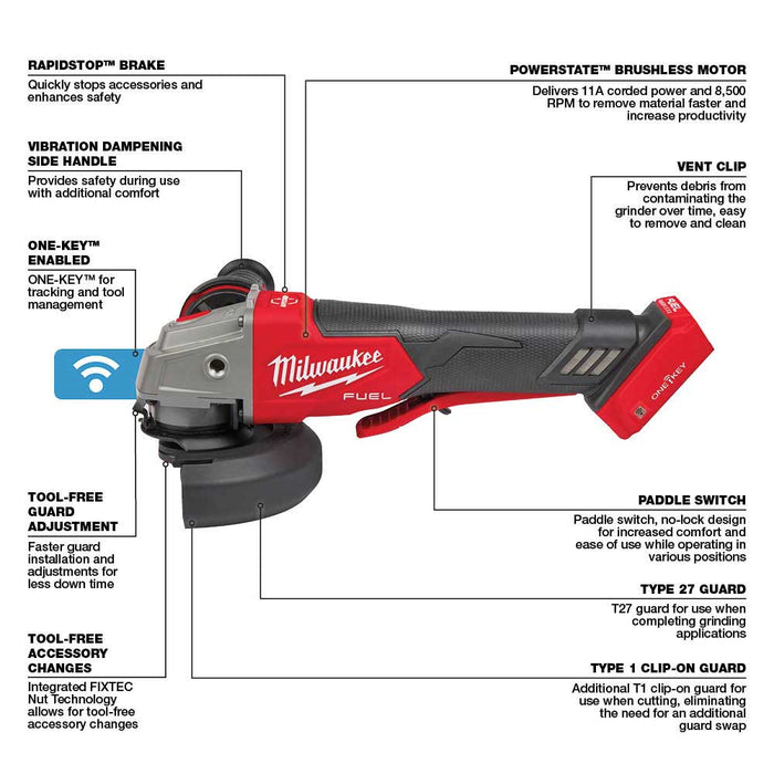 Milwaukee 2882-20VR M18 FUEL Paddle Braking Sag and 2888-20 Grinder