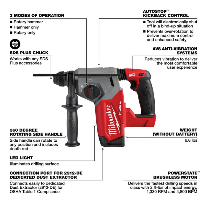 Milwaukee 2912-80 M18 FUEL 18V 1" SDS Plus Rotary Hammer - Recon