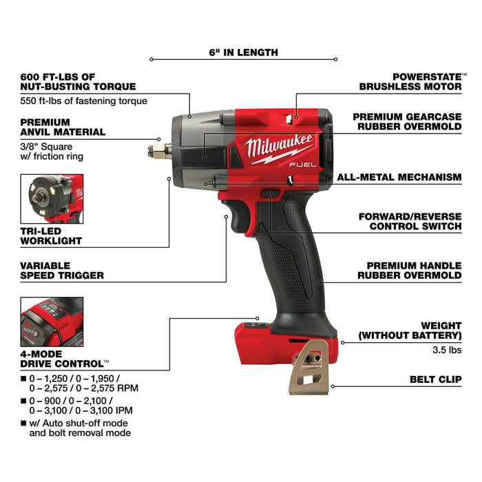 Milwaukee 2960-80 M18 FUEL 18V 3/8" Mid-Torque Impact Wrench Friction Ring-Recon