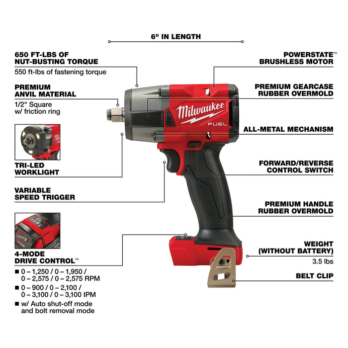 Milwaukee 2962-20BT6 M18 Mid Torque Impact w/ HIGH OUTPUT XC6.0 Battery - 2 PK