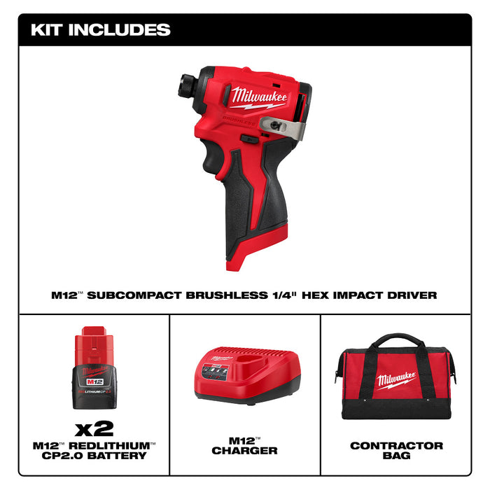 Milwaukee 3450-22 M12 12V 1/4" Subcompact Brushless Hex Impact Driver Kit