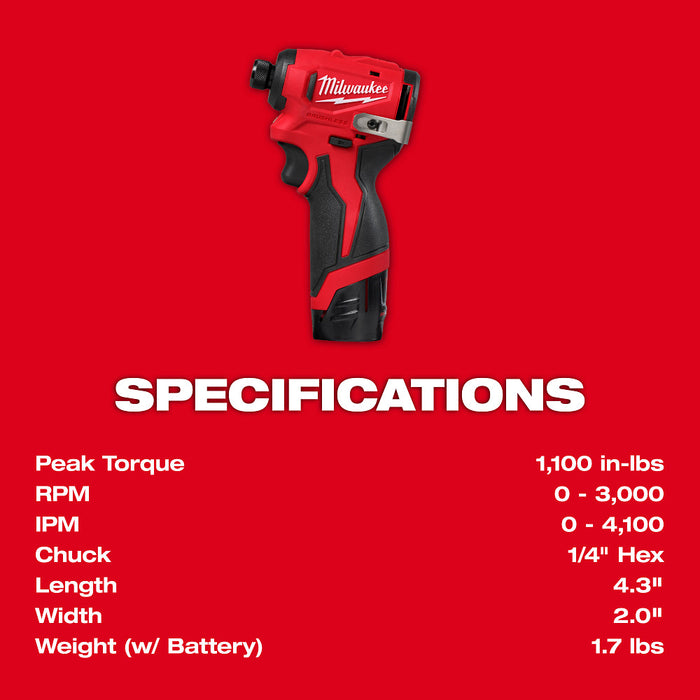 Milwaukee 3450-22 M12 12V 1/4" Subcompact Brushless Hex Impact Driver Kit