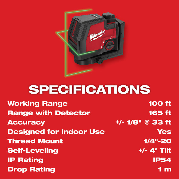 Milwaukee 3521-21TP USB Rechargeable Green Cross Line Laser w/ Tri-pod