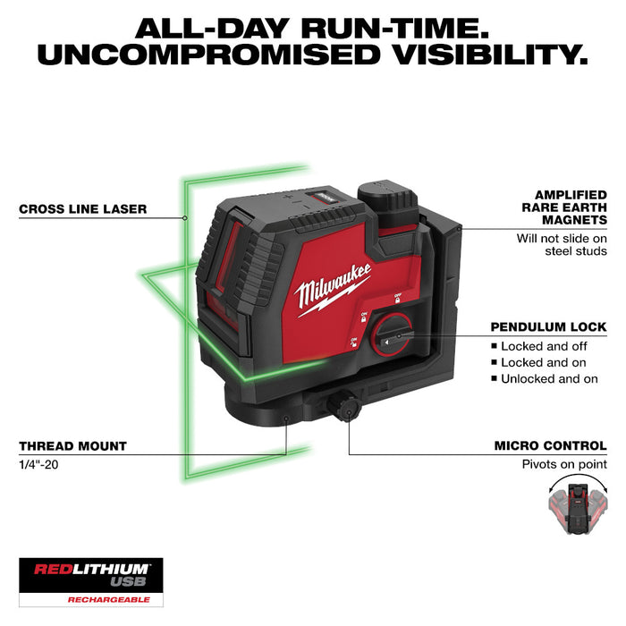 Milwaukee 3521-21TP USB Rechargeable Green Cross Line Laser w/ Tri-pod