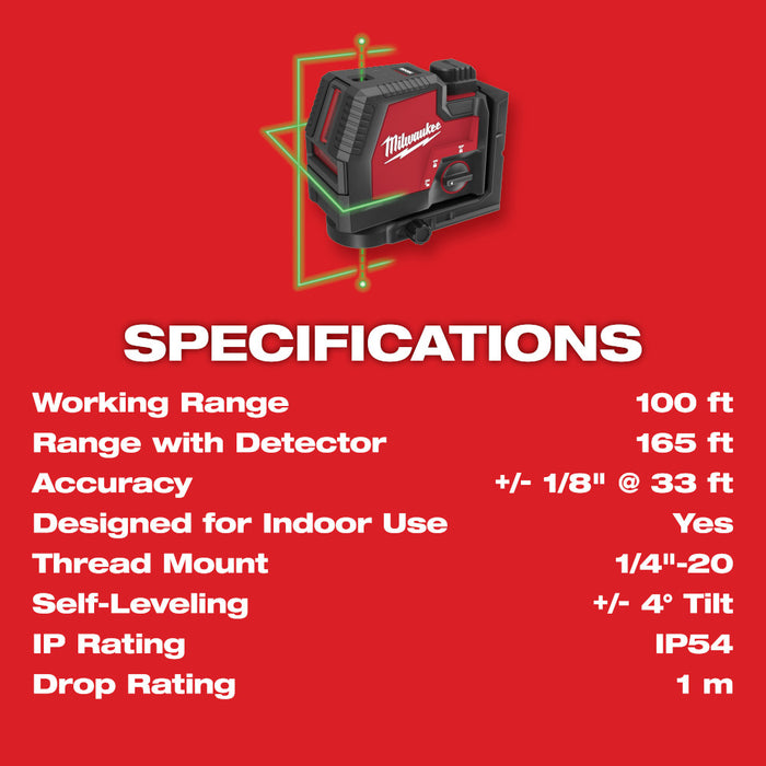 Milwaukee 3522-21TP USB Green Cross Line & Plumb Points Laser w/ Tri-pod