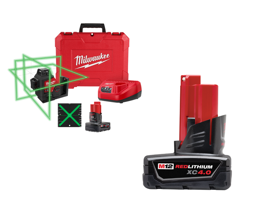 Milwaukee 3632-21X4 M12 Green 360 Degree 3-Plane Laser Kit w/ 4AH Battery
