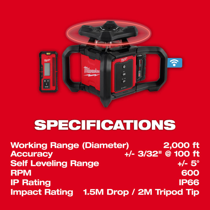 Milwaukee 3701-21 M18 18V Red Exterior Rotary Laser Level Kit w/ Receiver