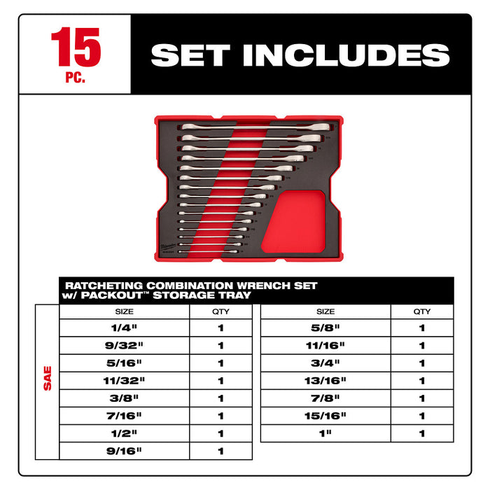 Milwaukee 48-22-0157 SAE Ratcheting Wrench Set w/ PACKOUT Storage Drawer - 15PC