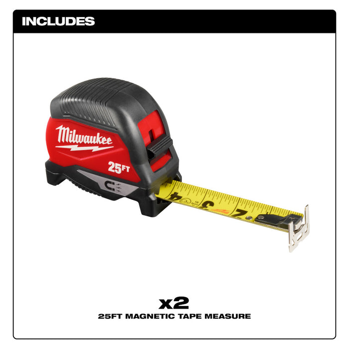 Milwaukee 48-22-1025MG 25' Heavy Duty Magnetic Tape Measure - 2 PK
