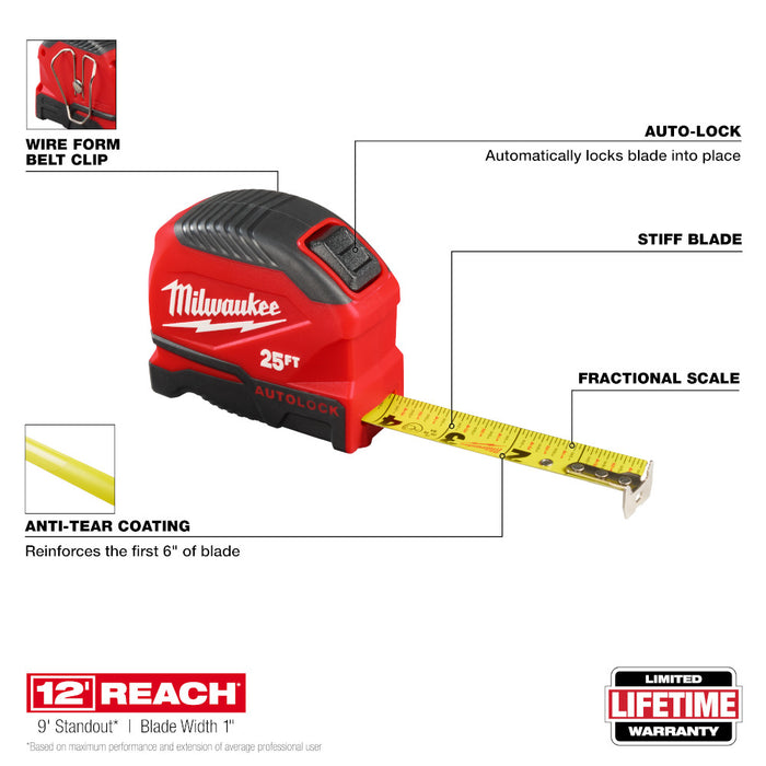 Milwaukee 48-22-1825 25' Auto-Lock Tape Measure