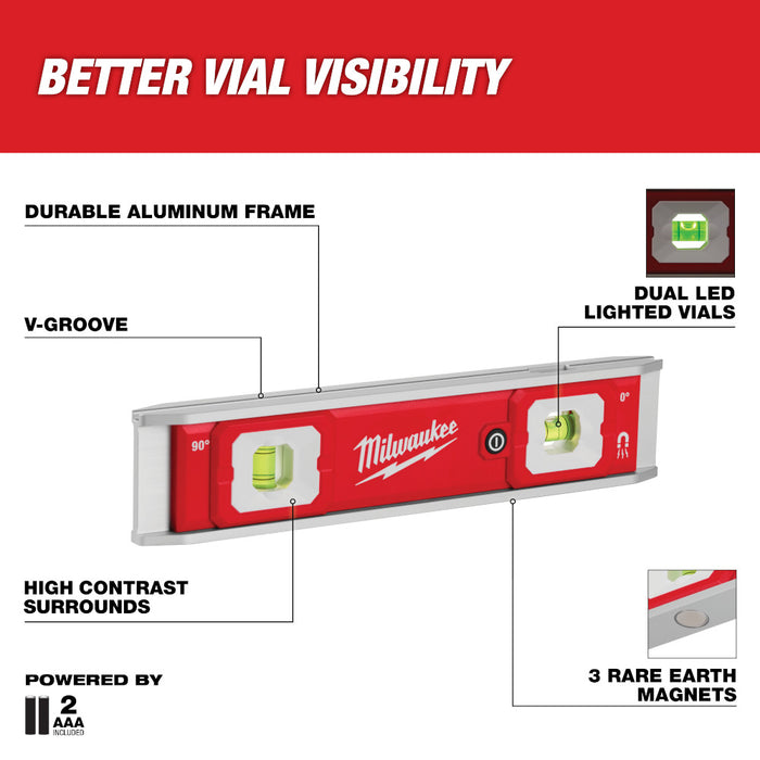 Milwaukee 48-22-5105 9" Durable High Contrast Torpedo Level w/ Lighted Vials