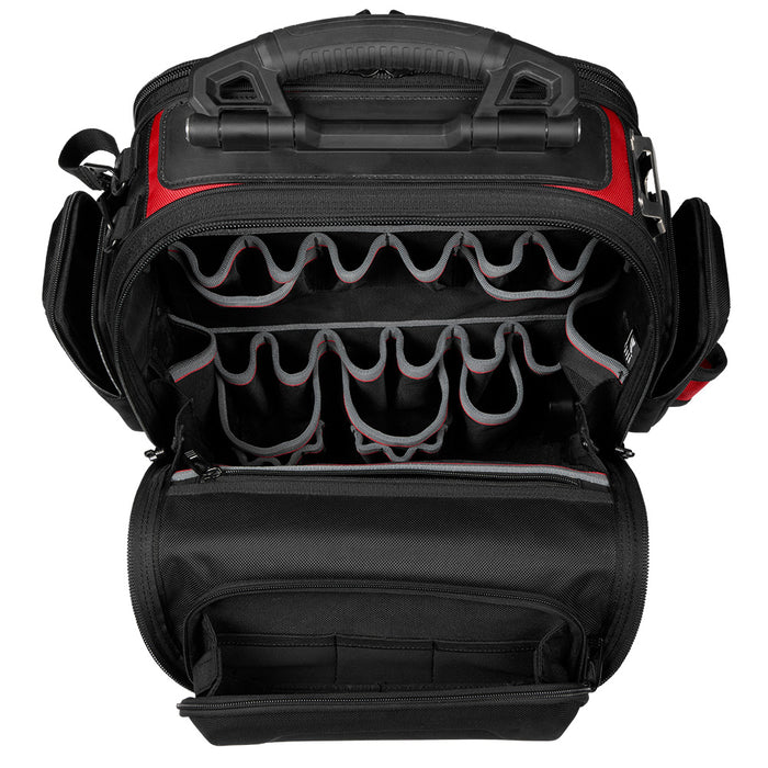 black leather backpack with silver milwaukee Milwaukee 48-22-8303 PACKOUT Structured Backpack