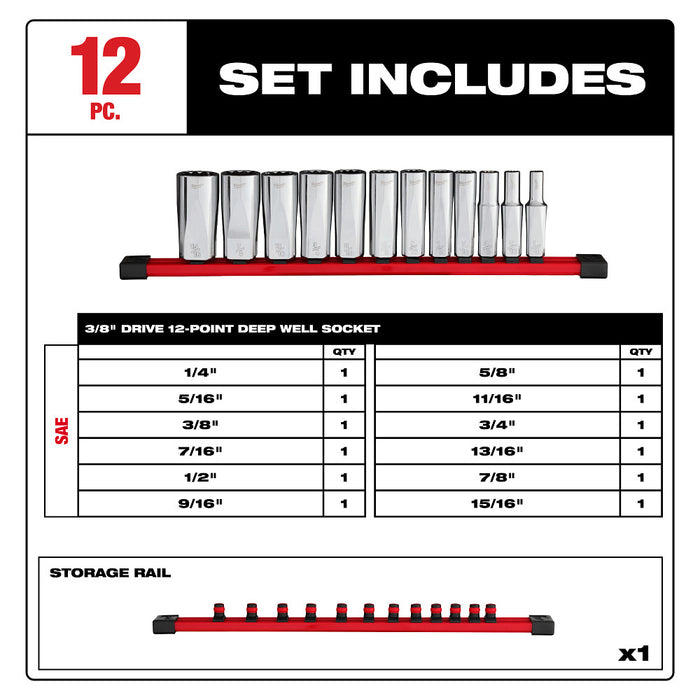 Milwaukee 48-22-9421 3/8" Drive 12-Point Deep Well SAE Socket Set - 12 PC