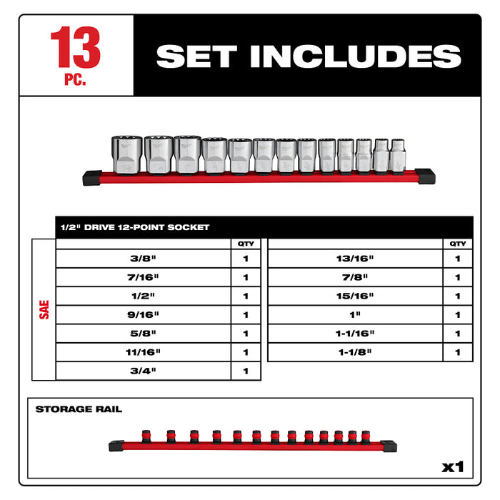 Milwaukee 48-22-9422 1/2" Drive 12-Point SAE Socket Set - 13 PC