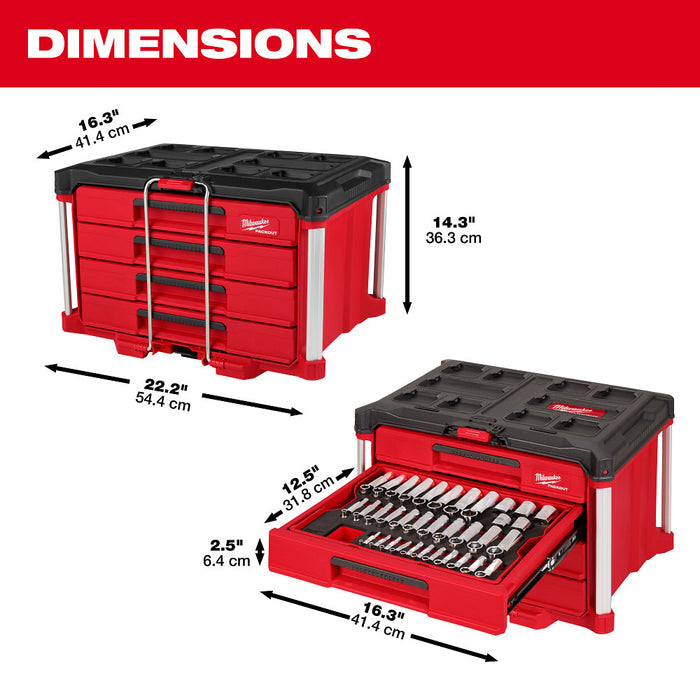 Milwaukee 48-22-9493 Hand Tool Set w/ PACKOUT 4 Drawer Tool Storage Box - 64PC