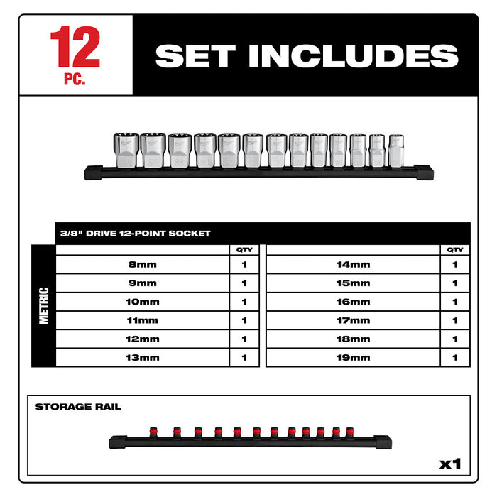 Milwaukee 48-22-9520 3/8" Drive 12-Point Metric Socket Set - 12 PC
