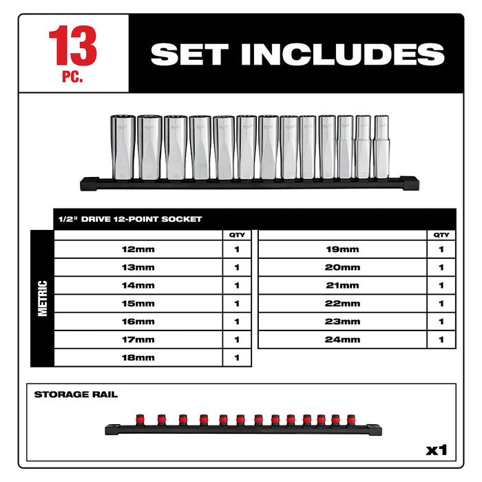 Milwaukee 48-22-9524 1/2" Drive 12-Point Deep Well Metric Socket Set - 13 PC