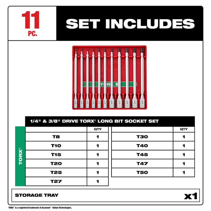 Milwaukee 48-22-9534 1/4" - 3/8" Drive Long TORX Bit Socket Set - 11 PC