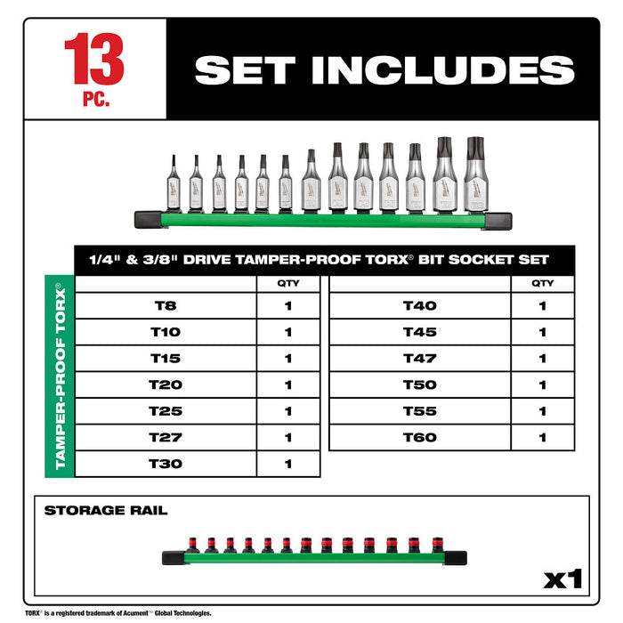 Milwaukee 48-22-9535 1/4" - 3/8" Drive Tamper Proof TORX Bit Socket Set - 13 PC