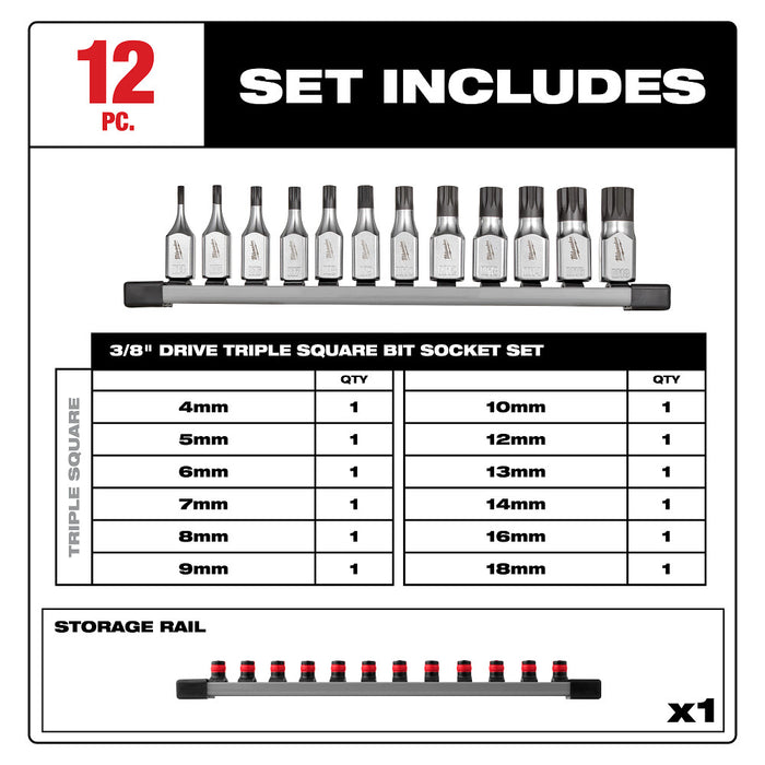 Milwaukee 48-22-9536 3/8" Drive Triple Square Bit Socket Set - 12 PC