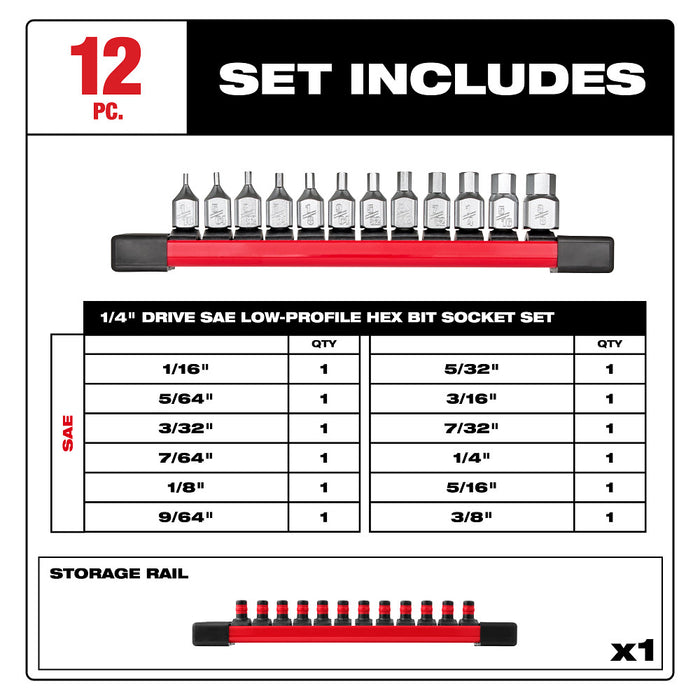 Milwaukee 48-22-9544 1/4" Drive Low-Profile Hex Bit Socket Set - SAE - 12 PC